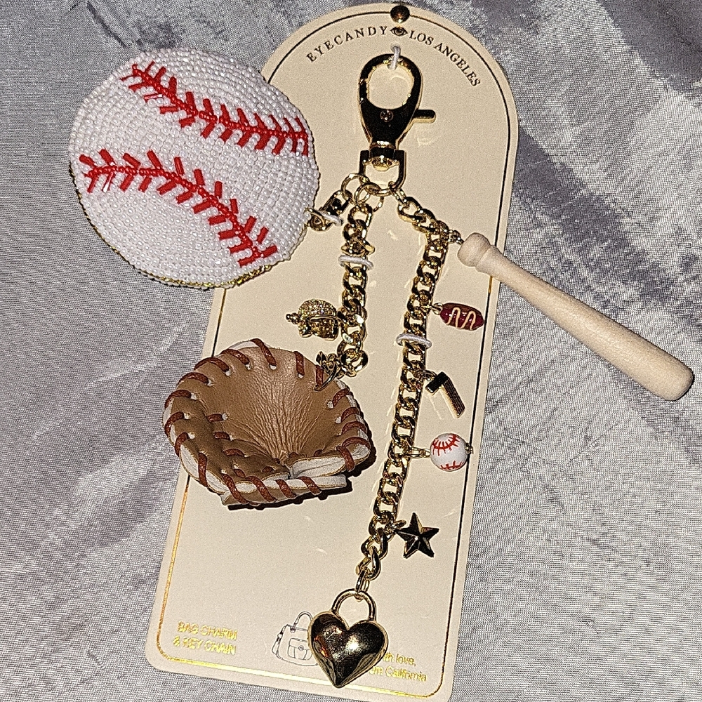 Baseball Themed Keychain Bag Charm with Glove and Bat Bnwt Ta